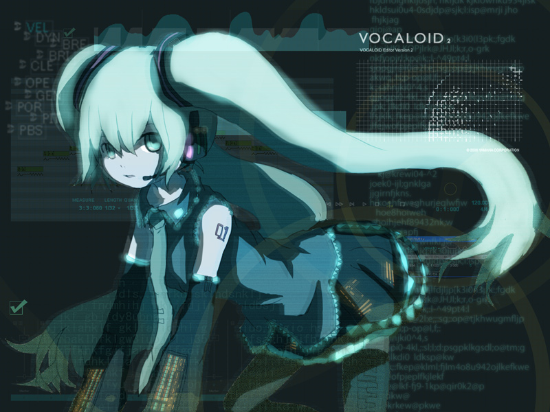 itaru, hatsune miku, vocaloid, 1girl, aqua hair, blue theme, copyright name, female focus, headset, long hair, necktie, solo, thighhighs, twintails, very long hair