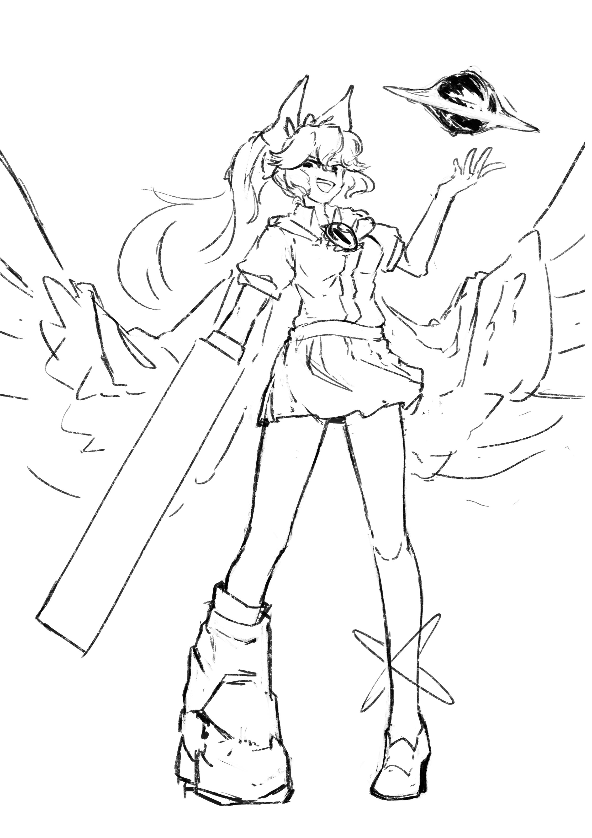 hyoutan tan, reiuji utsuho, touhou, absurdres, highres, 1girl, arm cannon, asymmetrical footwear, black sun, bow, full body, hair bow, long hair, miniskirt, mismatched footwear, monochrome, open mouth, shirt, short sleeves, simple background, sketch, skirt, solo, standing, sun, teeth, third eye, upper teeth only, weapon, wings
