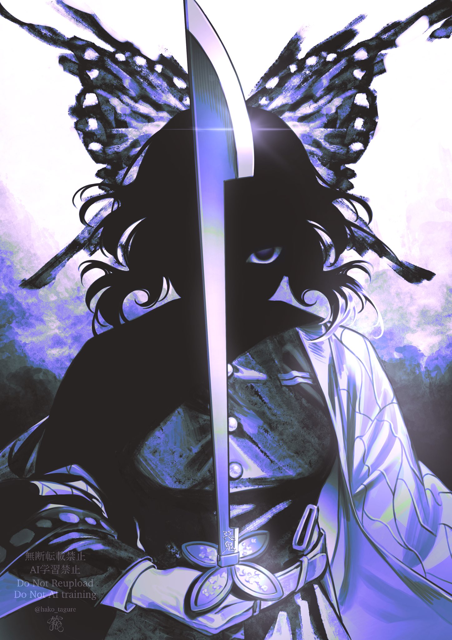 kochou shinobu, kimetsu no yaiba, highres, 1girl, belt, black jacket, breasts, butterfly hair ornament, buttons, demon slayer uniform, english text, hair ornament, hako tagure, holding, holding sword, holding weapon, jacket, looking at viewer, medium hair, monochrome, scabbard, shaded face, sheath, solo, sword, upper body, watermark, weapon