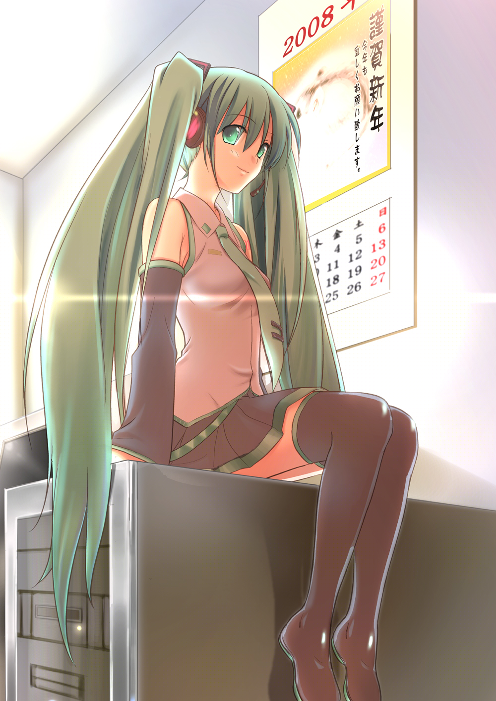 hatsune miku, vocaloid, highres, calendar, computer, sitting, smile