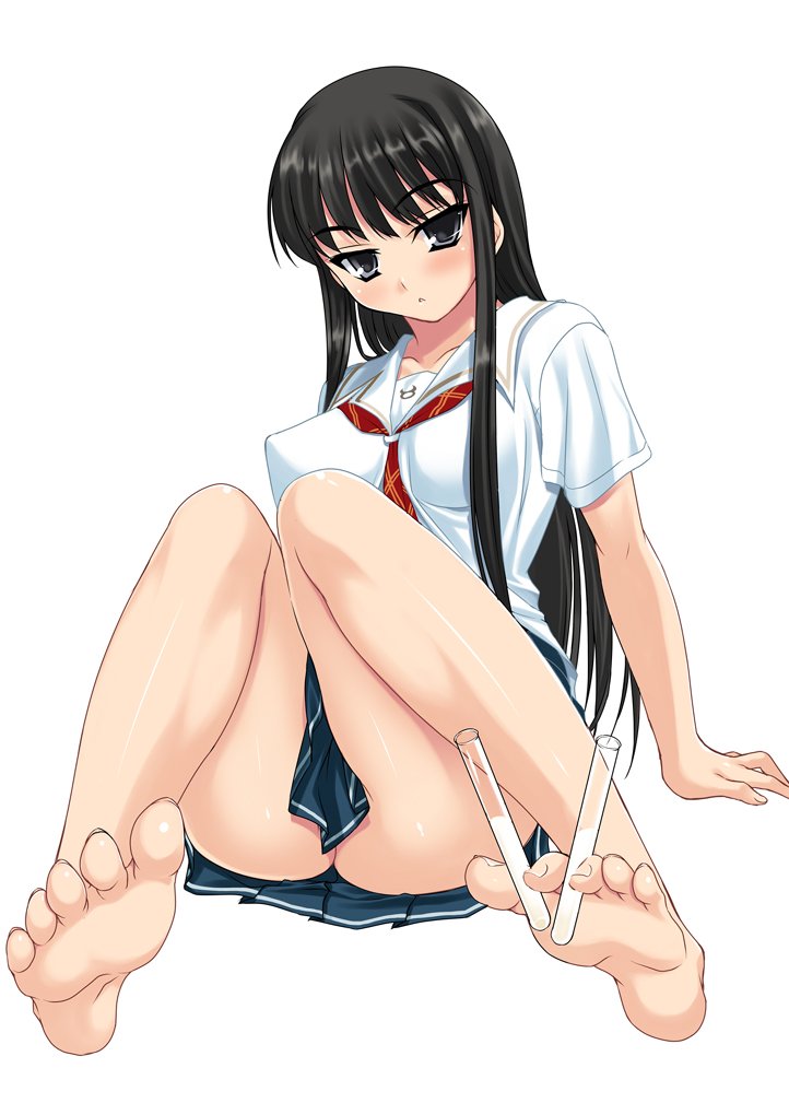 cle masahiro, futami eriko, kimi kiss, bad id, bad pixiv id, 1girl, barefoot, between toes, black eyes, black hair, breasts, covered erect nipples, feet, female focus, foot focus, holding with feet, large breasts, long hair, long legs, looking at viewer, modern drawing style, school uniform, serafuku, sitting, soles, solo, toes