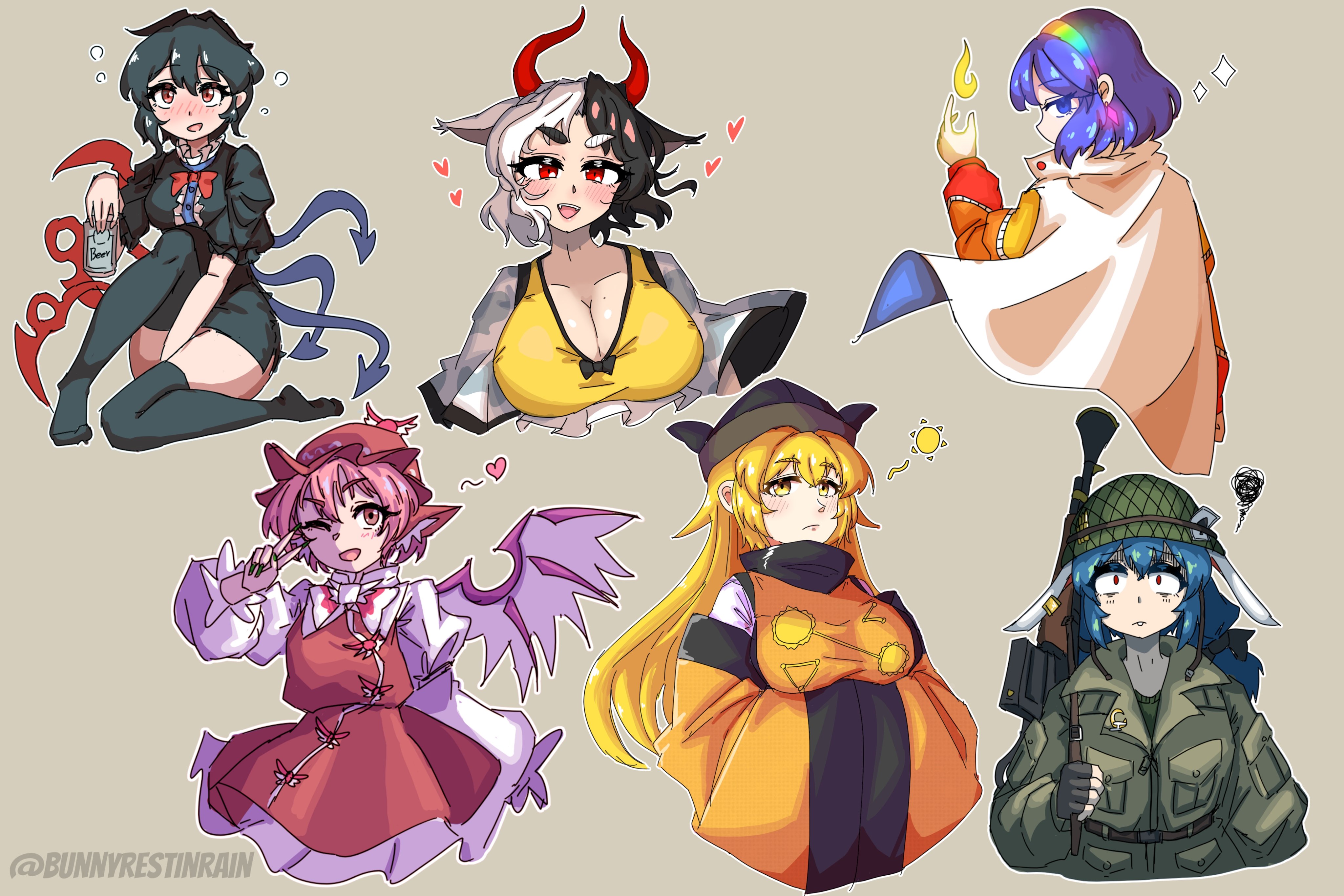sleepymoon, houjuu nue, matara okina, mystia lorelei, seiran (touhou), tenkyuu chimata, ushizaki urumi, touhou, absurdres, highres, 6+girls, animal ears, animal print, asymmetrical wings, bird ears, black dress, black hair, black thighhighs, blue eyes, blue hair, blue wings, breasts, brown eyes, brown hat, cape, cleavage, cow girl, cow horns, cow print, dress, earclip, grey background, hairband, hands in opposite sleeves, hat, heart, horns, large breasts, military uniform, multicolored hair, multicolored hairband, multiple girls, one eye closed, rabbit ears, rabbit girl, red eyes, red horns, red wings, short hair, simple background, split-color hair, thighhighs, two-tone hair, white cape, white hair, winged hat, wings, yellow eyes