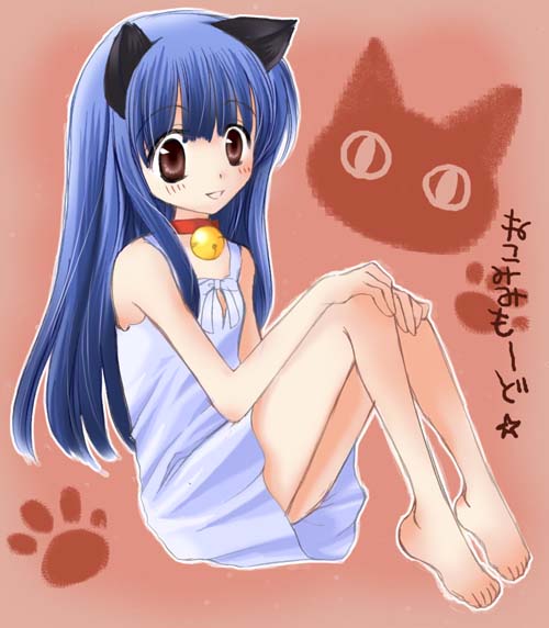 furude rika, higurashi no naku koro ni, 00s, 1girl, animal ears, barefoot, bell, blue hair, bow, brown eyes, cat ears, collar, dress, female focus, long hair, neck bell, sitting, solo