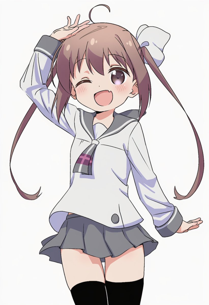 heroherochan115, momochi tamate, slow start, 1girl, black thighhighs, blush, brown hair, dot nose, fang, feet out of frame, female focus, grey skirt, long hair, long sleeves, looking at viewer, one eye closed, open mouth, sailor collar, school uniform, serafuku, shirt, simple background, skin fang, skirt, solo, standing, thighhighs, twintails, white background, white shirt