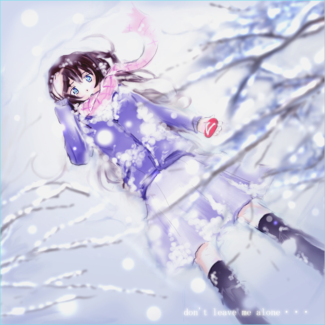 voyon, yuasa hiromi, true tears, 00s, 1girl, adjusting hair, bare tree, black boots, black hair, blue eyes, blurry, boots, branch, coat, depth of field, english text, female focus, hand in own hair, holding, jacket, kneehighs, long hair, long sleeves, looking at viewer, looking up, lying, on back, pink scarf, pink skirt, plaid clothes, plaid scarf, purple jacket, scarf, skirt, snow, socks, solo, thighhighs, tree, winter, winter clothes, winter coat, zipper