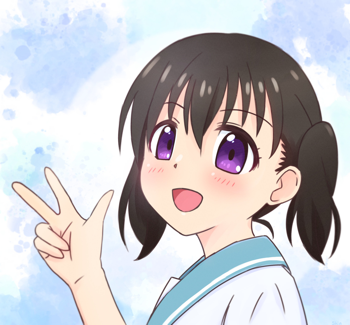 shin40562760, kuraue hinata, yama no susume, 1girl, black hair, blush, dot nose, feet out of frame, female focus, hair between eyes, looking at viewer, open mouth, purple eyes, sailor collar, school uniform, serafuku, short hair, solo, standing, upper body, v