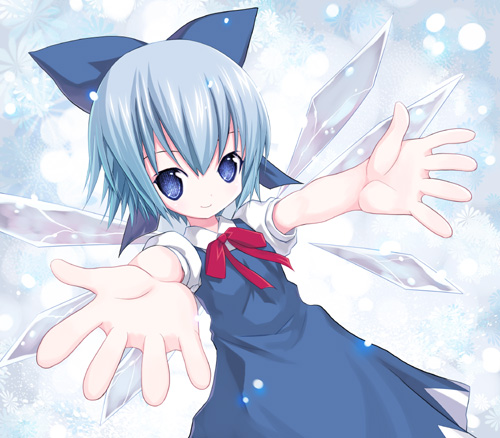 kiira, cirno, embodiment of scarlet devil, touhou, lowres, 1girl, blue eyes, blue hair, bow, female focus, ice, ice wings, matching hair/eyes, outstretched arms, ribbon, short hair, smile, solo, wings