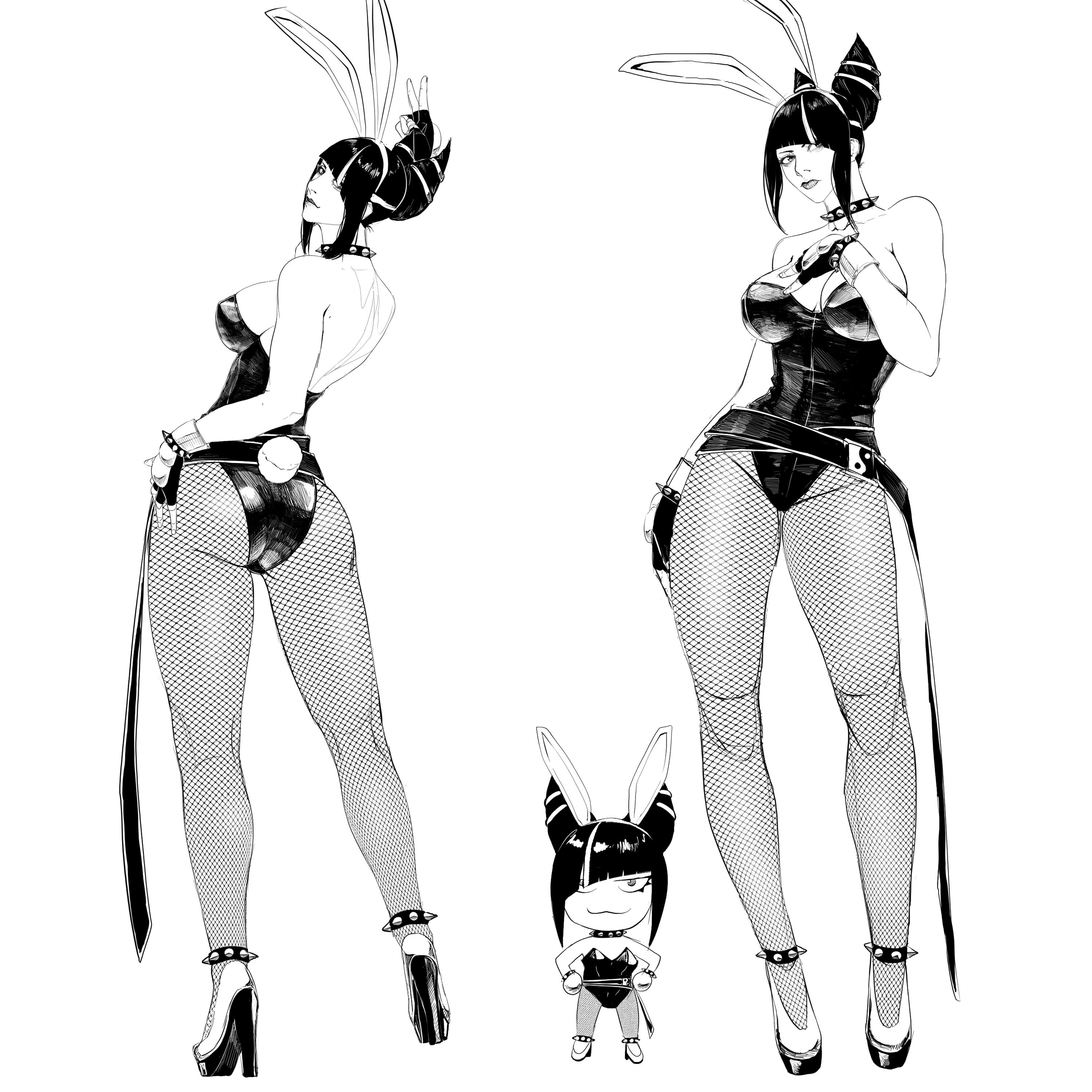 emo (anemounicorn), han juri, capcom, street fighter, street fighter 6, absurdres, hashtag-only commentary, highres, 1girl, 2025, :3, animal ears, ass, backless leotard, bare shoulders, black leotard, blunt bangs, bracelet, breasts, chibi, chibi inset, choker, fake animal ears, fingerless gloves, full body, gloves, groin tendon, hairdressing, hand on own chest, hand on own hip, head tilt, high heels, jewelry, kneepits, large breasts, legs apart, leotard, lipstick, looking at viewer, makeup, monochrome, multiple views, playboy bunny, rabbit ears, rabbit tail, sideboob, sidelocks, simple background, spiked anklet, spiked bracelet, spiked choker, spikes, standing, straight-on, thick thighs, thighs, twintails, v, white background