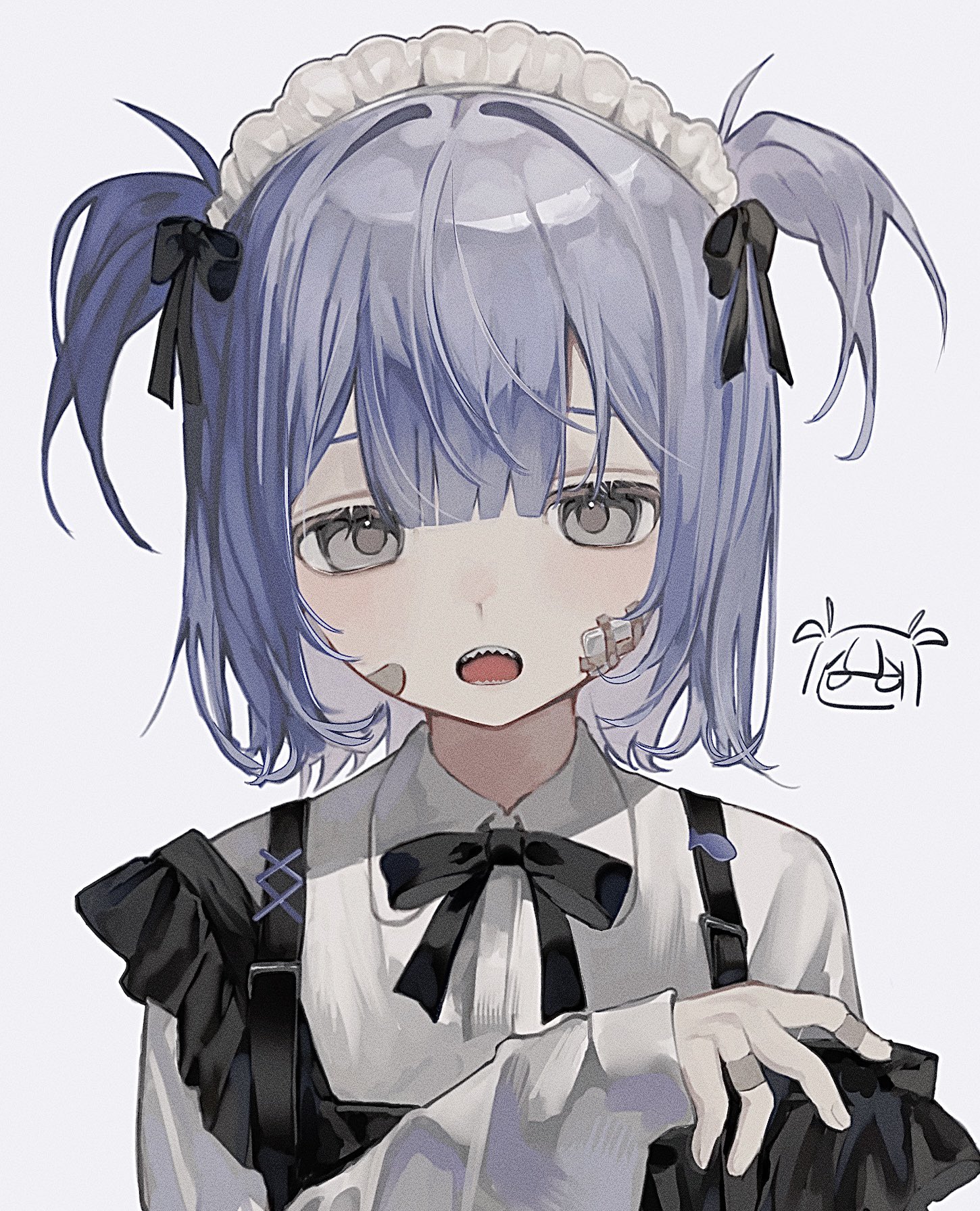 sho (sho oe4), original, commentary, highres, 1girl, bandaid, bandaid on cheek, bandaid on face, blue hair, blunt bangs, collared shirt, grey background, grey eyes, long sleeves, looking at viewer, maid headdress, neck ribbon, open mouth, portrait, ribbon, shirt, short hair, simple background, solo, two side up, white shirt