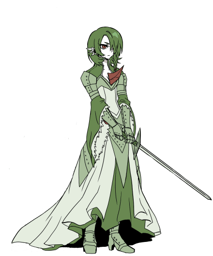 gardevoir, nintendo, pokemon, 1girl, armor, costume, female focus, gen 3 pokemon, green hair, green theme, hair ornament, knight, personification, realistic, red eyes, simple background, solo, sword, weapon, white background