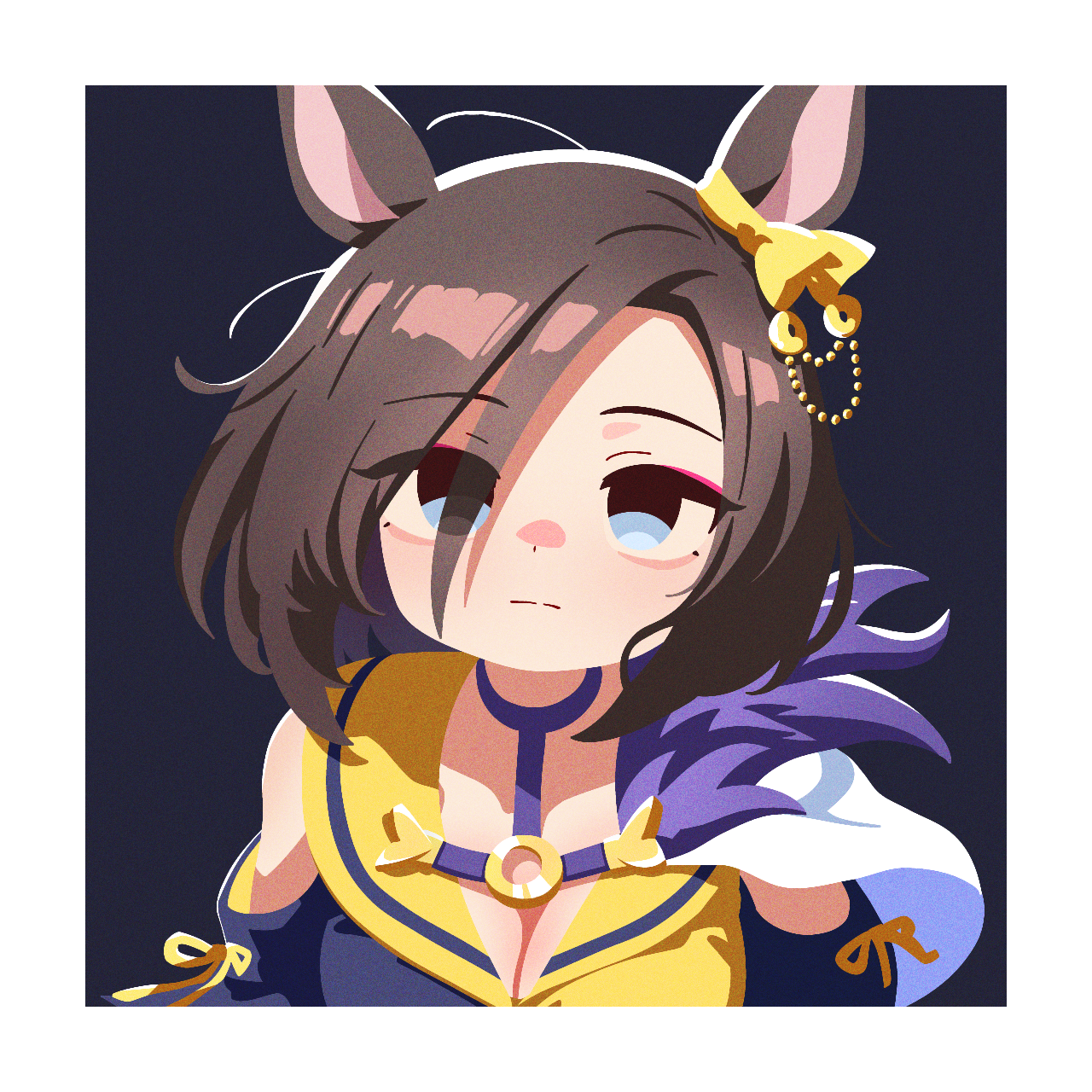 air groove (umamusume), umamusume, highres, 1girl, animal ears, blue eyes, border, breasts, brown hair, cleavage, closed mouth, ear ornament, hair between eyes, horse ears, horse girl, light blush, looking at viewer, medium hair, shade, solo, waonaolmao, white border