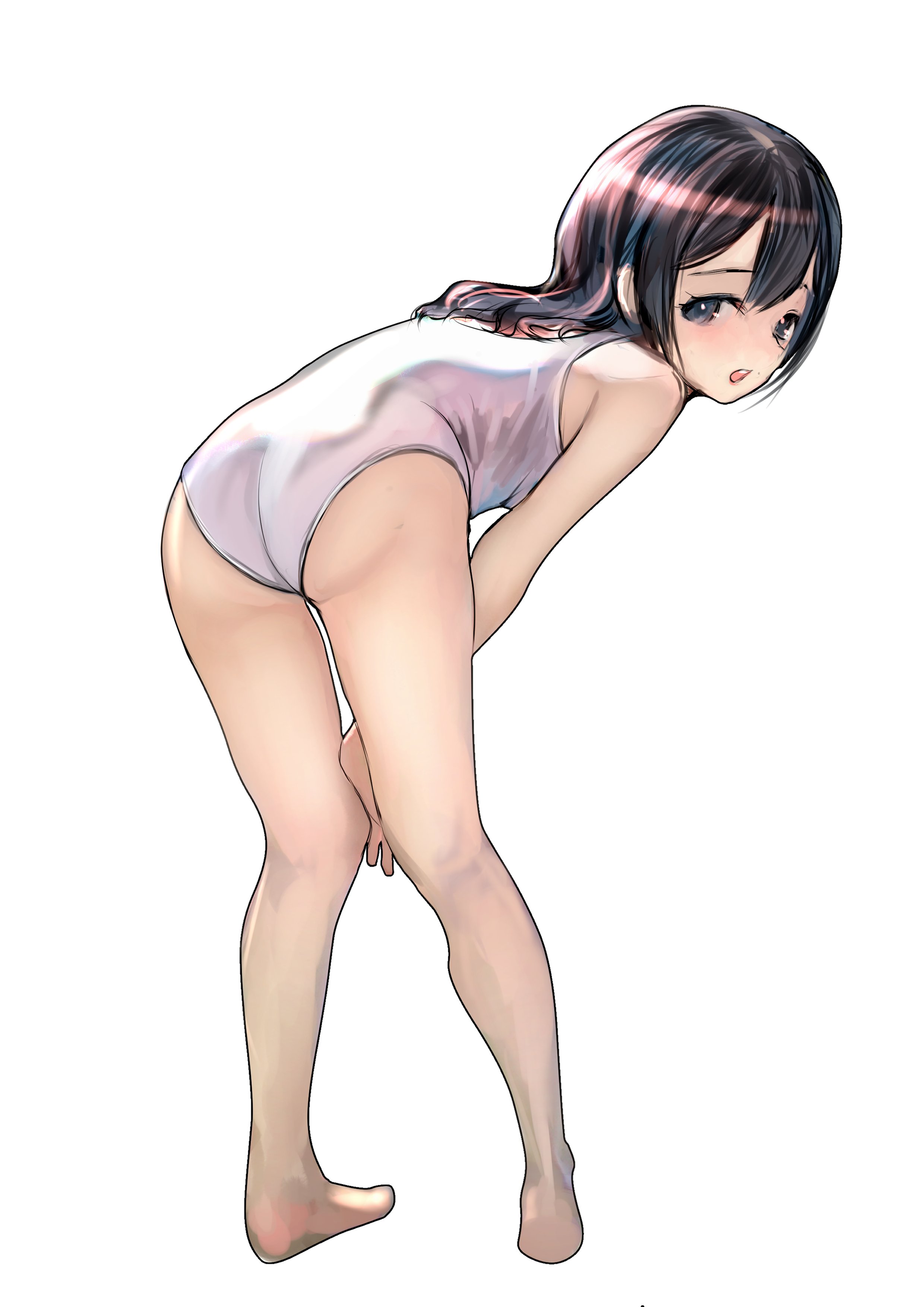 emutsuichi, original, absurdres, highres, 1girl, ass, bare shoulders, bent over, black hair, blush, breasts, full body, grey eyes, legs, long hair, looking at viewer, one-piece swimsuit, open mouth, simple background, smile, solo, swimsuit, white background, white one-piece swimsuit