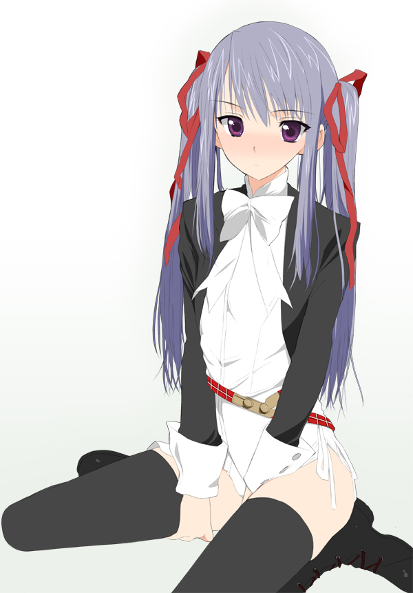 kusaka souji, amatsuka tsurara, baby princess, 10s, blush, boots, bow, long hair, no panties, pink eyes, purple hair, ribbon, simple background, sitting, solo, thighhighs, twintails, wariza