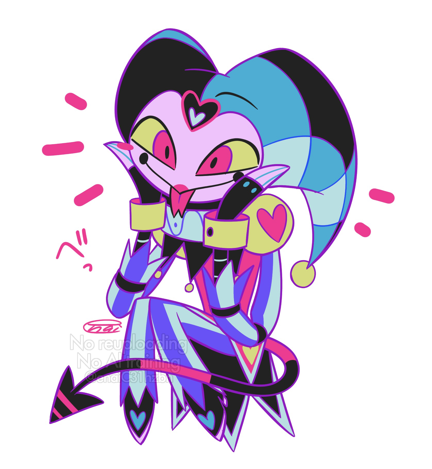 menma (enaic31), hellaverse, helluva boss, commentary request, highres, 1boy, aqua hat, black boots, black hat, black tail, blush stickers, boots, circle facial mark, closed mouth, colored sclera, colored skin, deformed, demon tail, fewer digits, fizzarolli (helluva boss), forked tongue, full body, grey pants, hands on own cheeks, hands on own face, hat, hat bell, heart, heart print, high heel boots, high heels, invisible chair, jester, jester cap, juliet sleeves, long sleeves, male focus, mechanical arms, neck ruff, pants, puffy sleeves, purple pants, red eyes, red shirt, red tail, shirt, signature, simple background, single blush sticker, sitting, smile, solo, striped clothes, striped pants, tail, tongue, tongue out, two-tone pants, two-tone tail, vertical-striped clothes, vertical-striped pants, watermark, white background, white skin, yellow sclera