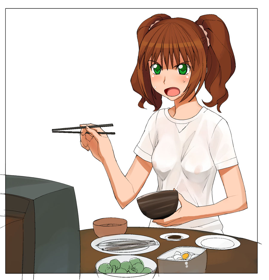 a1 (initial-g), takatsuki yayoi, idolmaster, idolmaster (classic), idolmaster 1, 00s, 1girl, breasts, brown hair, chopsticks, eating, female focus, green eyes, long hair, medium breasts, nipples, see-through clothes, solo, television, twintails