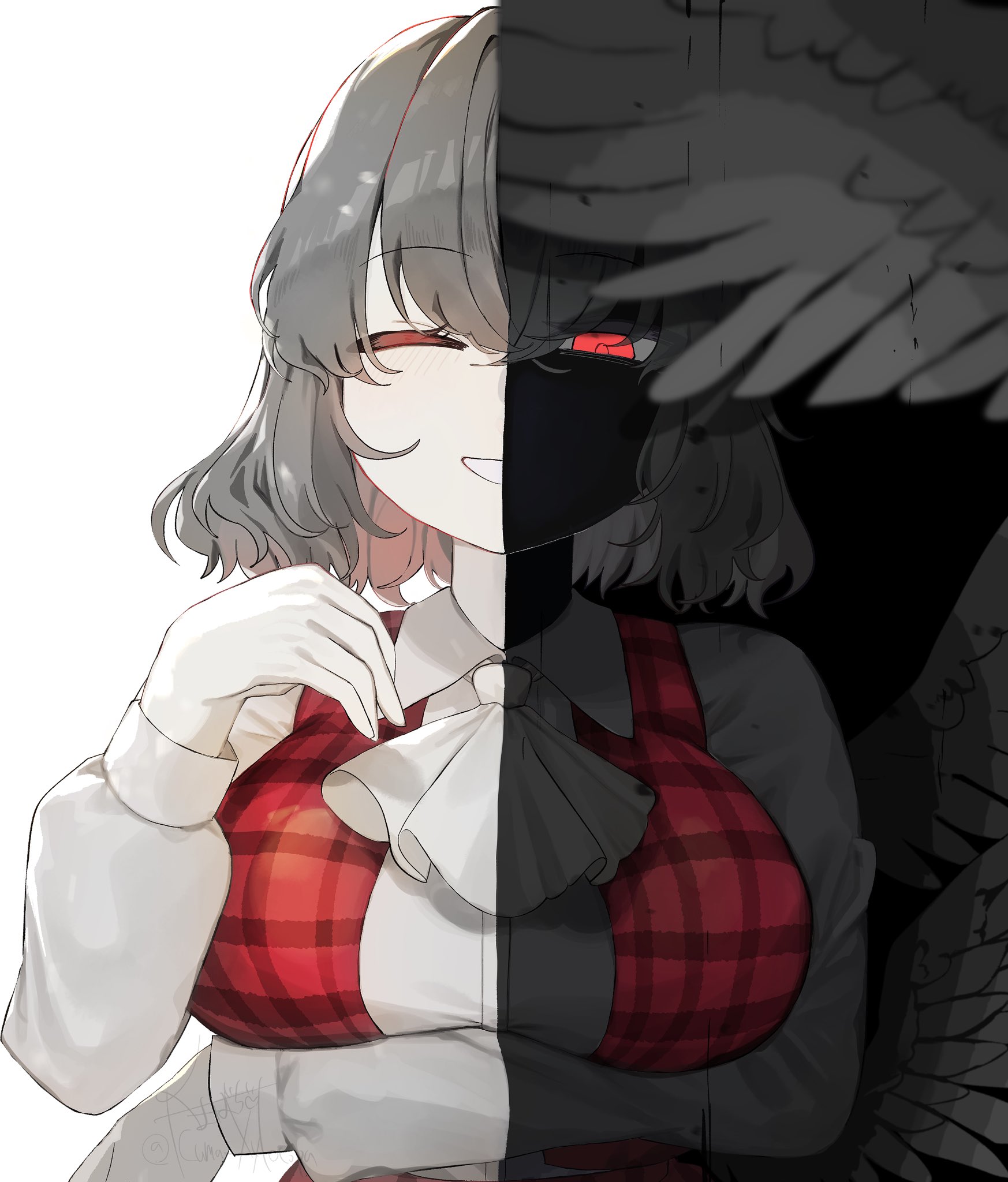 kuma xylocopa, kazami yuuka, seihou, touhou, commentary request, highres, 1girl, ;d, arm under breasts, ascot, breasts, dual persona, large breasts, long sleeves, looking at viewer, one eye closed, open mouth, red eyes, simple background, smile, solo, upper body, white background