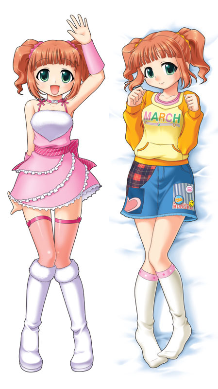 manjiduka, takatsuki yayoi, idolmaster, idolmaster (classic), idolmaster 1, 00s, boots, cute & girly (idolmaster), green eyes, raglan sleeves, red hair, skirt, thighhighs, twintails