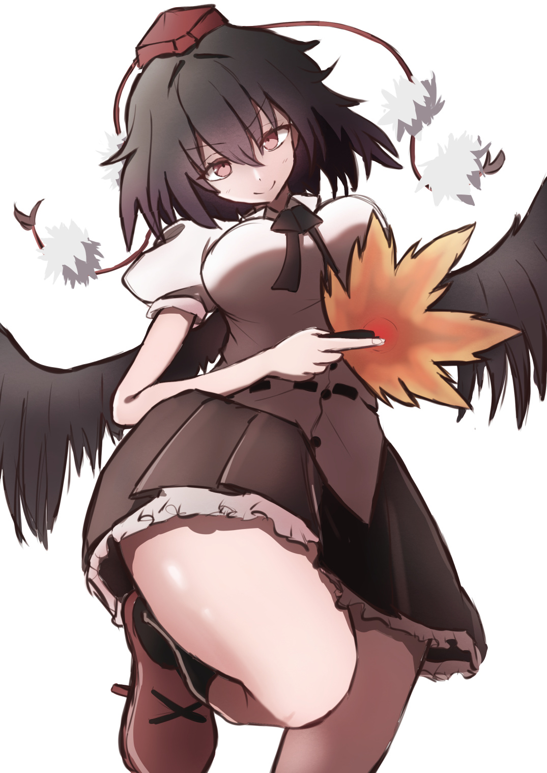 isgod, shameimaru aya, touhou, commentary request, highres, 1girl, bird wings, black hair, black skirt, black wings, breasts, closed mouth, geta, hand fan, hat, hauchiwa, holding, holding fan, large breasts, legs, looking at viewer, pom pom (clothes), red eyes, red hat, red shoes, shirt, shoes, short hair, short sleeves, simple background, skirt, smile, solo, tengu-geta, tokin hat, white background, white shirt, wings