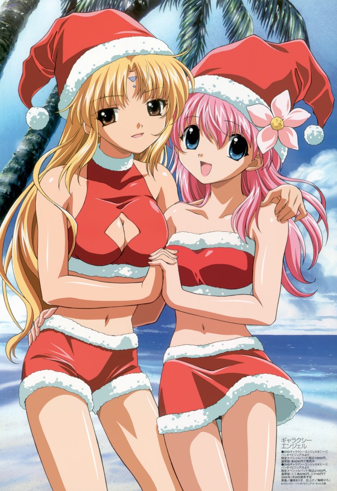 fujita mariko, milfeulle sakuraba, ranpha franboise, broccoli (company), galaxy angel, hand on shoulder, 00s, 2girls, bare shoulders, beach, blonde hair, blue eyes, breasts, christmas, cleavage, cleavage cutout, clothing cutout, cowboy shot, day, dress, flower, fur-trimmed headwear, fur trim, hand on own hip, hat, hat feather, hip focus, holding hands, interlocked fingers, long hair, miniskirt, multiple girls, navel, ocean, open mouth, outdoors, palm tree, pink hair, santa costume, santa hat, short shorts, shorts, skirt, strapless, strapless dress, tree, tube top, very long hair, yellow eyes, yuri