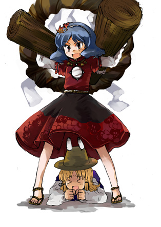 tako (plastic protein), moriya suwako, pyonta, yasaka kanako, touhou, lowres, > <, 2girls, closed eyes, female focus, hat, multiple girls, rope, shimenawa