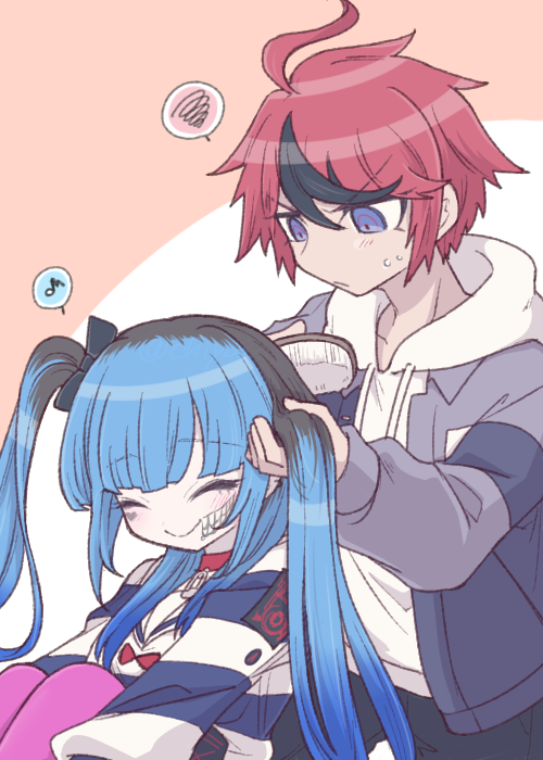 chiyo408, amemiya darumi, sumino takumi, the hundred line -last defense academy-, commentary request, 1boy, 1girl, ^ ^, ahoge, black bow, black hair, black pants, blue eyes, blue hair, blue jacket, blue shirt, bow, bowtie, brushing another's hair, brushing hair, closed eyes, closed mouth, drawstring, facepaint, facial mark, grey jacket, hair bow, hair brush, heart, heart facial mark, holding, holding hair brush, hood, hood down, hoodie, jacket, jacket over hoodie, long hair, long sleeves, multicolored hair, multicolored jacket, musical note, open clothes, open jacket, pants, pantyhose, pink pantyhose, red bow, red bowtie, red hair, roots (hair), shirt, short hair, sitting, smile, speech bubble, spoken musical note, spoken squiggle, squiggle, streaked hair, striped clothes, striped shirt, sweat, two-tone hair, two-tone jacket, two-tone shirt, v-shaped eyebrows, very long hair, white hoodie, white shirt