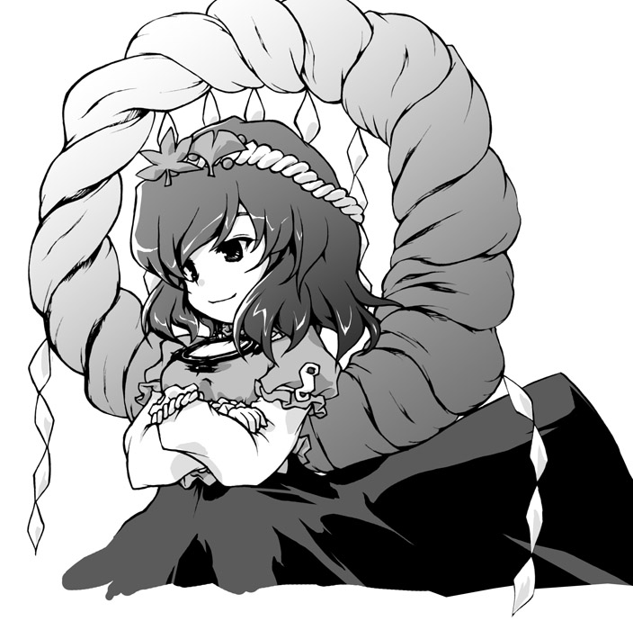 paji, yasaka kanako, touhou, 1girl, female focus, greyscale, hair ornament, leaf hair ornament, monochrome, rope, shimenawa, solo