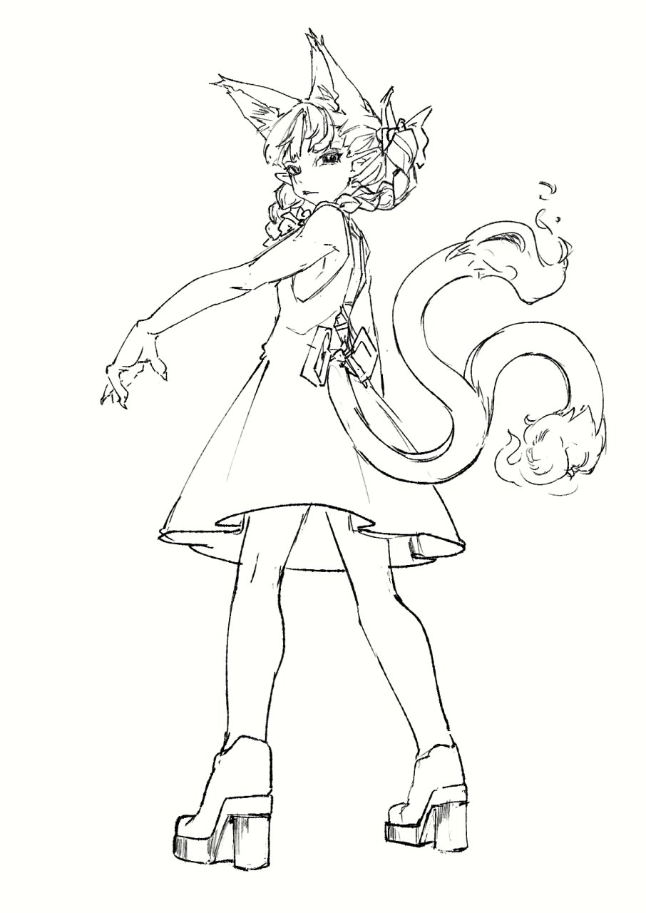 hyoutan tan, kaenbyou rin, touhou, highres, 1girl, animal ears, braid, cat ears, cat girl, cat tail, dress, extra ears, fiery tail, from behind, full body, high heels, looking at viewer, multiple tails, pointy ears, side braids, simple background, solo, tail, twin braids, two tails