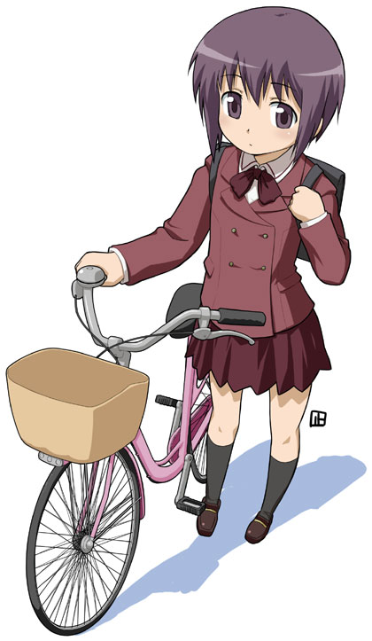 nagian, kawazoe tamaki, bamboo blade, 00s, 1girl, backpack, bag, bicycle, female focus, full body, purple hair, pushing bicycle, randoseru, solo, walking
