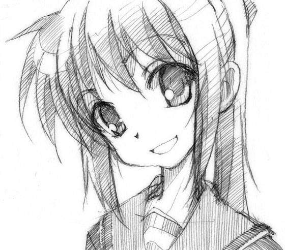 gofu, kyon, kyonko, suzumiya haruhi no yuuutsu, gender request, traditional media, 00s, 1girl, female focus, genderswap, greyscale, monochrome, ponytail, school uniform, simple background, sketch, solo