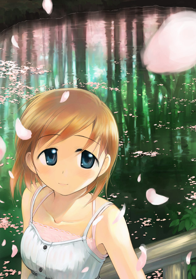 ikeda jun (mizutamari), original, bare shoulders, blue eyes, blush, bridge, brown hair, cherry blossoms, nature, petals, reflection, short hair, solo, water