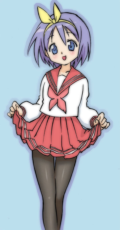 uraharukon, hiiragi tsukasa, lucky star, 00s, blue eyes, clothes lift, pantyhose, ribbon, school uniform, serafuku, short hair, skirt, skirt lift, solo