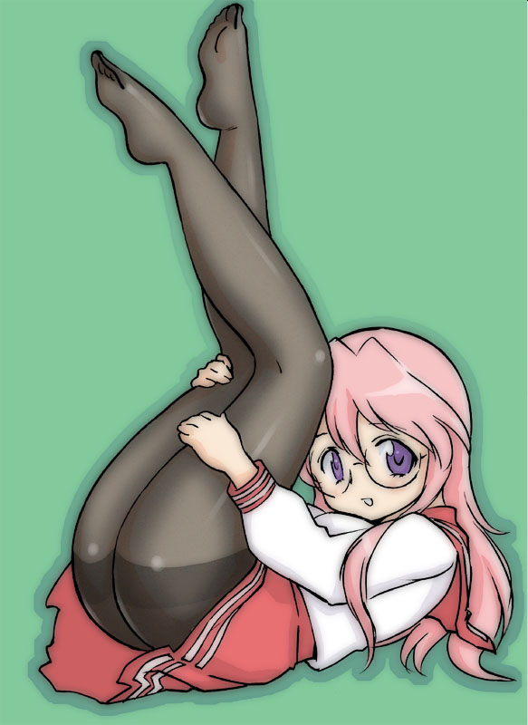 uraharukon, takara miyuki, lucky star, 00s, 1girl, ass, feet, female focus, glasses, knees together feet apart, legs, legs together, legs up, long hair, pantyhose, pink hair, school uniform, serafuku, solo