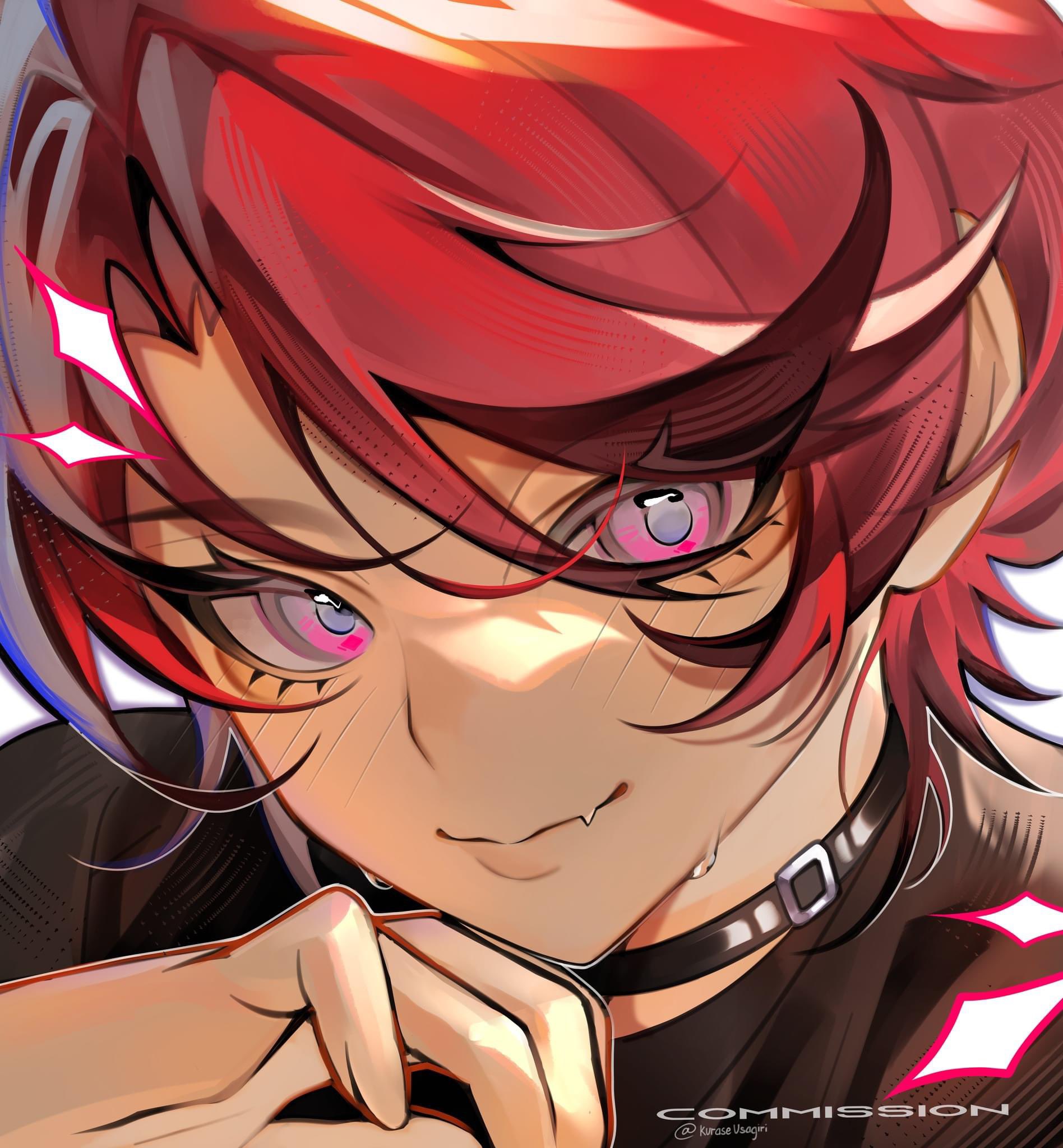 kurase 07, original, commentary, commission, english commentary, highres, vgen commission, 1boy, black choker, black shirt, choker, closed mouth, fang, hair between eyes, hand up, looking at viewer, male focus, pink eyes, portrait, red hair, shirt, short hair, simple background, skin fang, smile, solo, sweat, swept bangs, white background