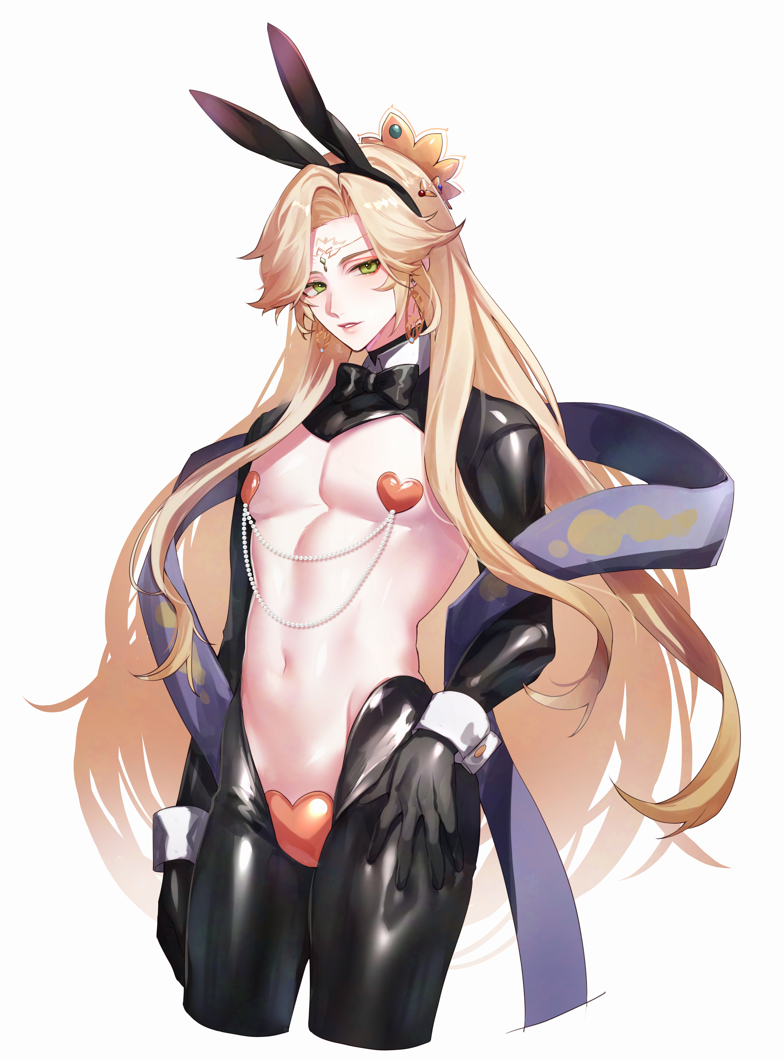 konsai 2, taishakuten (onmyoji), onmyoji, absurdres, highres, 1boy, alternate costume, alternate hairstyle, animal ears, black hiphighs, black shrug, blonde hair, collared shrug, cowboy shot, earrings, eyeliner, fake animal ears, frontless outfit, green eyes, heart maebari, heart pasties, hiphighs, jewelry, latex, latex legwear, long hair, looking at viewer, maebari, makeup, male focus, navel, pasties, rabbit ears, red eyeliner, reverse bunnysuit, reverse outfit, short hair, shrug (clothing), simple background, skin tight, solo, white background, wrist cuffs