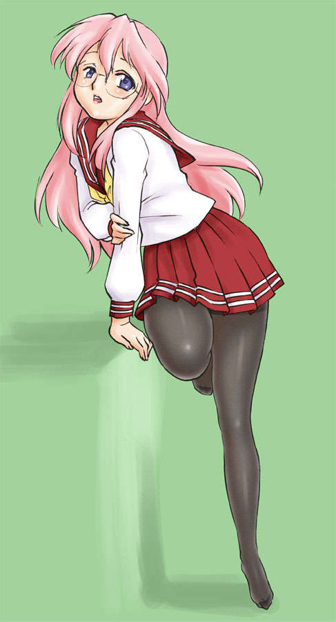 uraharukon, takara miyuki, lucky star, 00s, 1girl, feet, female focus, glasses, legs, long hair, pantyhose, pink hair, school uniform, serafuku, solo