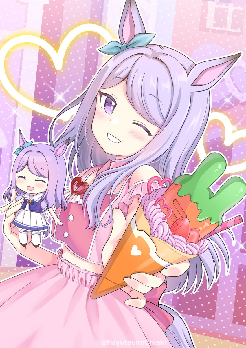 yamada chiaki, mejiro mcqueen (umamusume), umamusume, highres, 1girl, alternate costume, animal ears, aqua bow, bare shoulders, blush, bow, carrot, character doll, cinnamon stick, closed eyes, crepe, cropped shirt, doll, ear bow, food, fruit, holding, holding crepe, holding food, horse ears, horse girl, horse tail, long hair, looking at viewer, midriff, one eye closed, open mouth, pink shirt, pink skirt, puffy short sleeves, puffy sleeves, purple bow, purple eyes, purple hair, purple serafuku, purple shirt, sailor collar, sailor shirt, school uniform, serafuku, shirt, short sleeves, skirt, smile, strawberry, tail, teeth, tracen school uniform, white sailor collar, white skirt