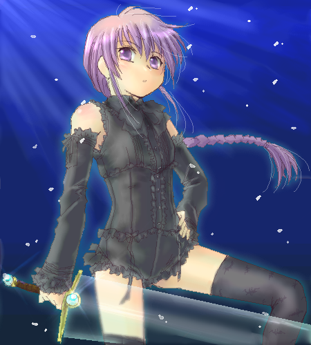 yagisaka seto, angelous lazward, sovereign (yagisaka seto), original, gender request, lowres, androgynous, braid, crossdressing, male focus, oekaki, purple hair, solo, sword, thighhighs, trap, weapon