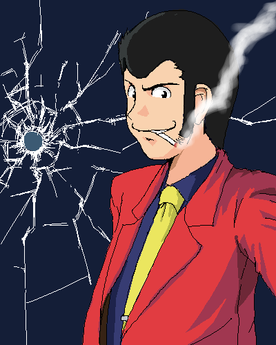 arsene lupin iii, lupin iii, tms entertainment, lowres, 1970s (style), 1boy, black hair, bullet hole, cigarette, jacket, male focus, necktie, oekaki, oldschool, red jacket, retro artstyle, sideburns, smoking, solo, yellow necktie