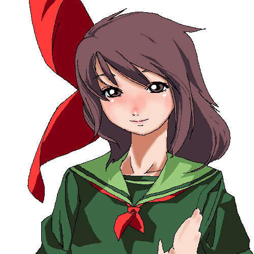 lowres, 1girl, bow, brown hair, female focus, oekaki, school uniform, serafuku, solo