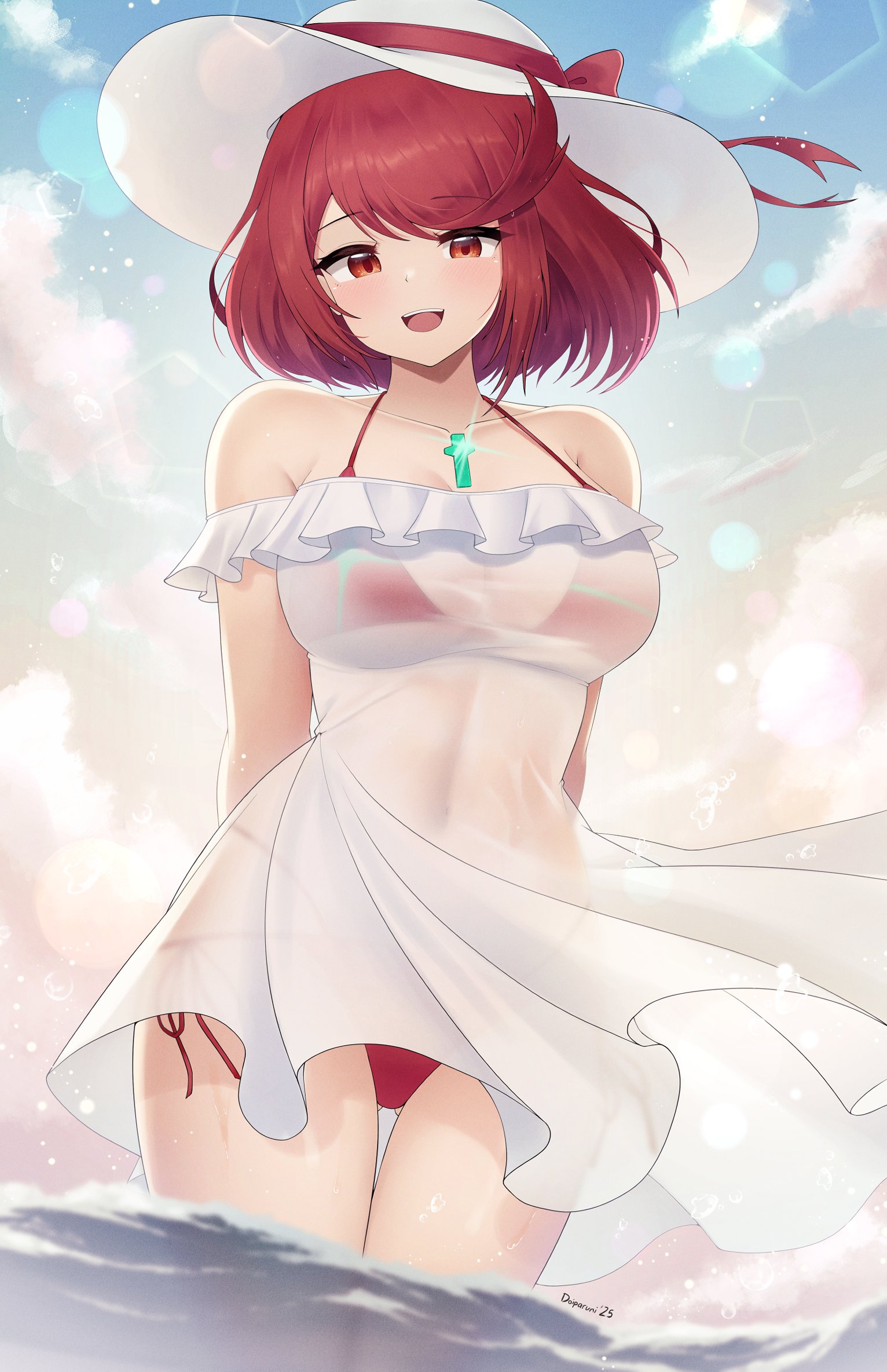 doiparuni, pyra (xenoblade), xenoblade chronicles (series), xenoblade chronicles 2, 1girl, alternate costume, breasts, dress, large breasts, red eyes, red hair, short hair, solo, sundress