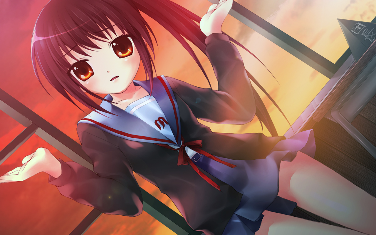 kimishima ao, kyon, kyonko, suzumiya haruhi no yuuutsu, gender request, 00s, 1girl, blazer, blue skirt, brown eyes, brown hair, evening, female focus, genderswap, indoors, jacket, looking at viewer, looking back, pleated skirt, ponytail, sailor collar, school, school uniform, serafuku, skirt, solo, standing, sunlight, sunset, thigh gap, thighs, window