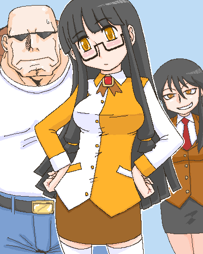 lowres, 1boy, 2girls, glasses, multiple girls, oekaki, thighhighs