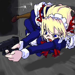 lowres, 1girl, female focus, gun, handgun, maid, oekaki, pistol, solo, weapon