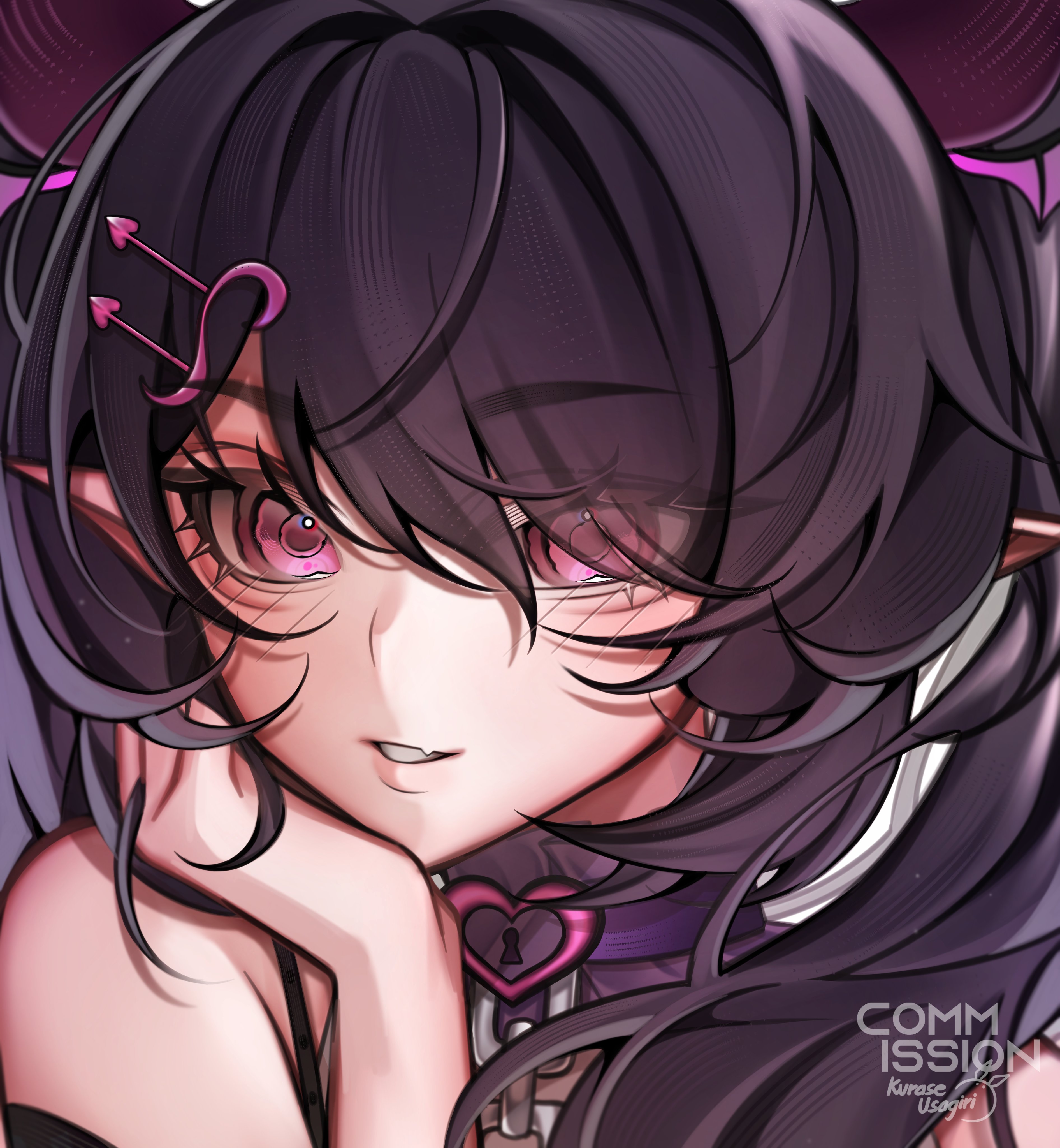 kurase 07, indie virtual youtuber, absurdres, commentary, commission, english commentary, highres, vgen commission, 1girl, bare shoulders, black hair, choker, fang, gweneira (vtuber), hair ornament, hand in own hair, hand up, heart, heart-shaped lock, heart choker, long hair, looking at viewer, parted bangs, parted lips, pink eyes, pointy ears, portrait, purple choker, skin fang, smile, solo, swept bangs, virtual youtuber