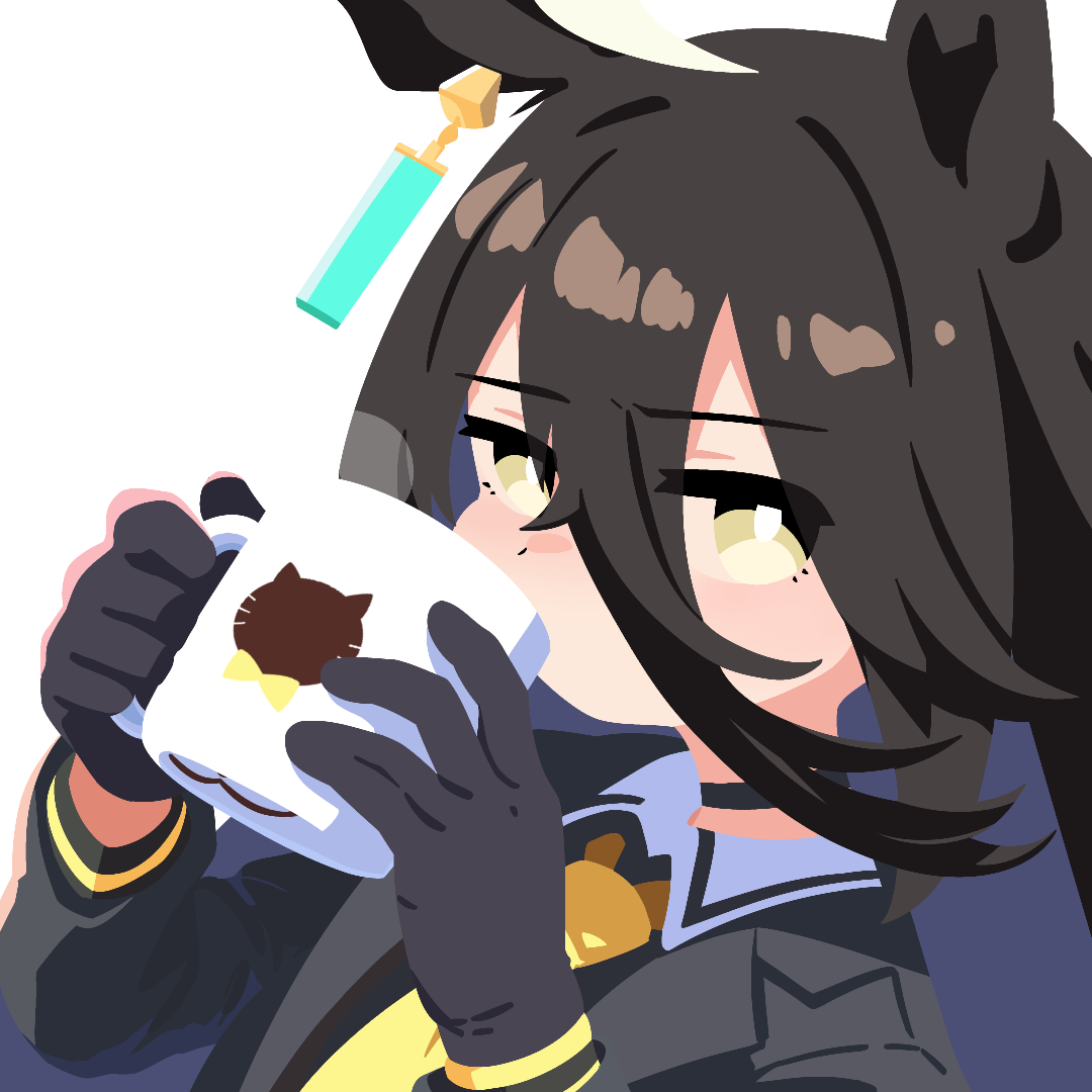 manhattan cafe (umamusume), umamusume, 1girl, animal ears, black gloves, black hair, black jacket, choker, cup, drinking, ear ornament, gloves, hair between eyes, holding, holding cup, horse ears, horse girl, jacket, long bangs, long hair, looking at viewer, necktie, no lineart, solo, steam, steaming cup, transparent background, waonaolmao, yellow eyes, yellow necktie