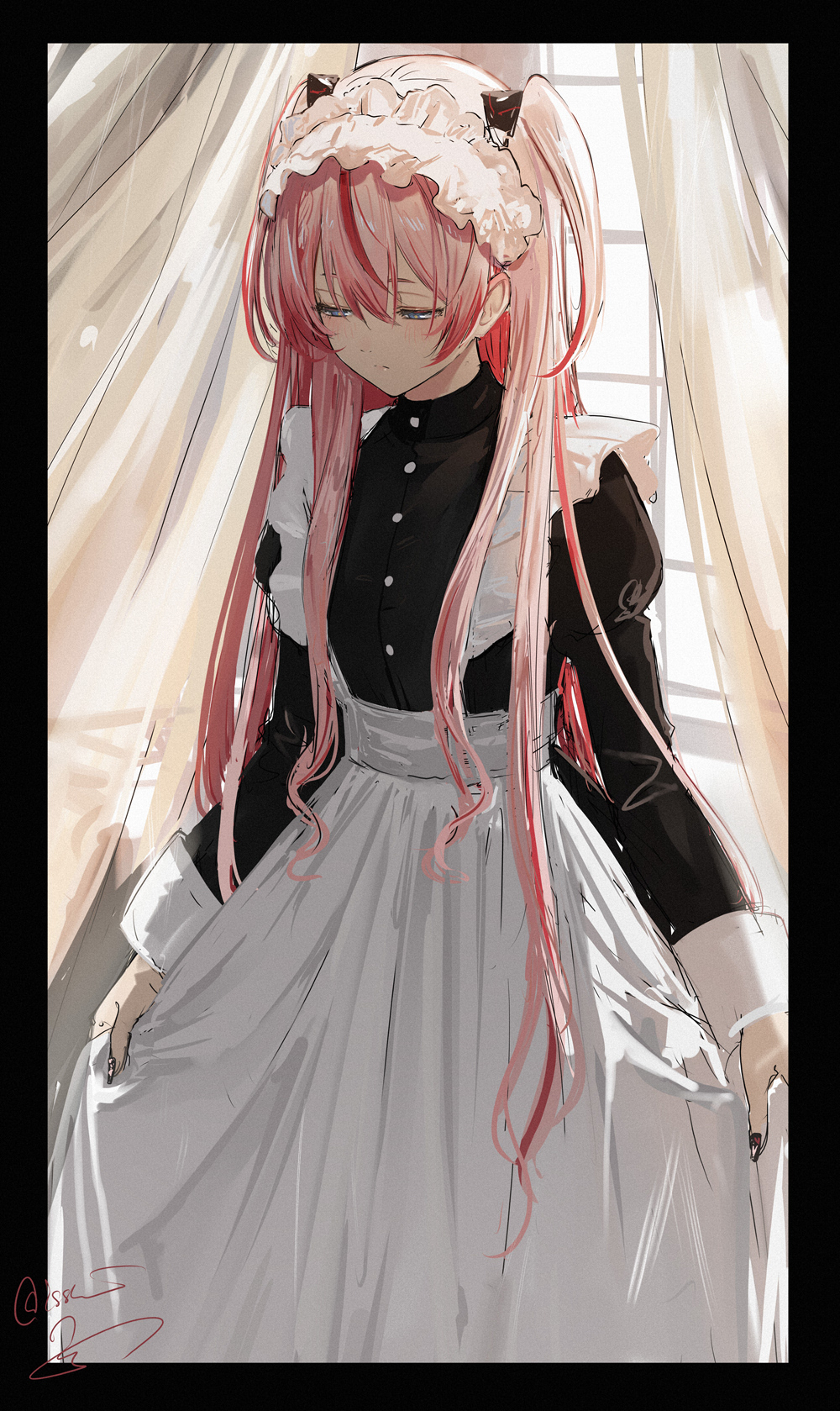 isshiki (ffmania7), orihime (girls revolution project), girls revolution project, kamitsubaki studio, highres, 1girl, apron, black shirt, blue eyes, buttons, curtains, frilled sleeves, frills, gradient hair, hair ornament, hair over shoulder, long hair, long sleeves, looking down, maid, maid apron, maid headdress, multicolored hair, nail polish, pink hair, red hair, shirt, skirt hold, sunlight, window