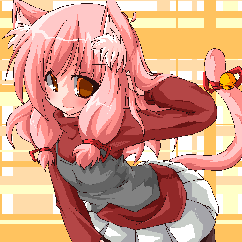 kanidiru, kanijiru, lowres, 1girl, animal ears, bell, black pantyhose, cat ears, cat tail, female focus, oekaki, pantyhose, pink hair, solo, tail