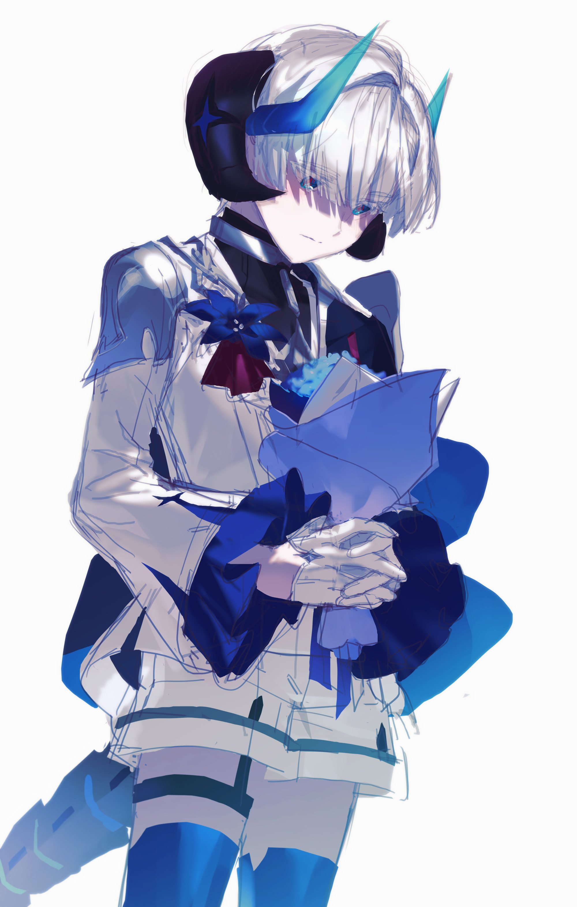 nt 0803, elsword, absurdres, highres, 1boy, black horns, black tail, blue eyes, blue flower, blue socks, blue thighhighs, bouquet, brooch, cape, demon boy, demon horns, flower, flower brooch, flower on chest, frilled sleeves, frills, garter belt, gloves, gradient horns, half gloves, holding, holding bouquet, horns, jewelry, male focus, multicolored horns, multiple horns, red pupils, sad, shirt, short hair, shorts, socks, symbol-shaped pupils, tail, tarith (elsword), tearing up, thighhighs, white gloves, white shirt, white shorts, wide sleeves