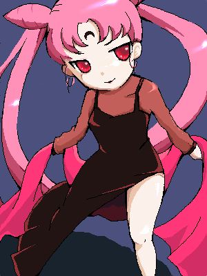 black lady (sailor moon), chibi usa, bishoujo senshi sailor moon, bishoujo senshi sailor moon r, lowres, 1990s (style), 1girl, chibi, cone hair bun, crescent, crescent facial mark, facial mark, female focus, forehead mark, hair bun, long hair, oekaki, pink hair, red eyes, retro artstyle, shawl, solo, twintails, very long hair