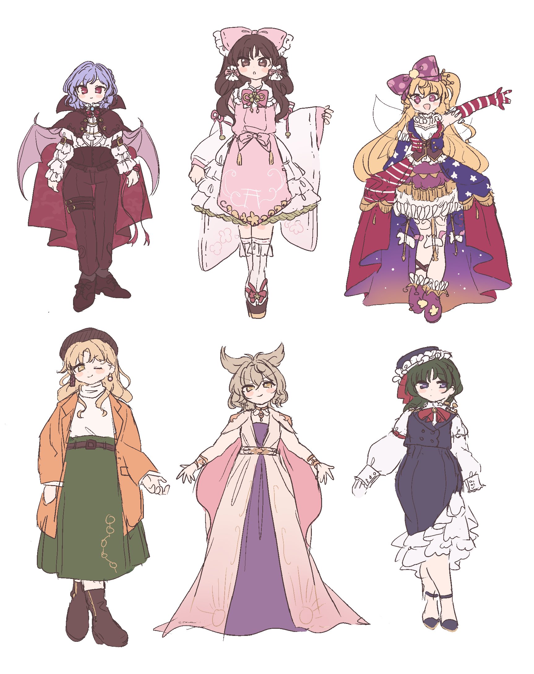 sakurasaka, clownpiece, hakurei reimu, matara okina, remilia scarlet, shiki eiki, toyosatomimi no miko, touhou, commentary request, highres, 6+girls, ;), adapted costume, american flag dress, bat wings, belt, black pants, black shoes, blonde hair, blue eyes, boots, bow, brown eyes, brown hair, brown shoes, cape, dress, full body, green hair, hair bow, hair tubes, jacket, juliet sleeves, long hair, long sleeves, multiple girls, neck ruff, one eye closed, orange jacket, pants, pink bow, pink tabard, puffy sleeves, purple hair, red eyes, ribbon-trimmed sleeves, ribbon trim, shoes, short hair, sidelocks, simple background, skirt, smile, standing, tabard, white background, wide sleeves, wings, yellow eyes